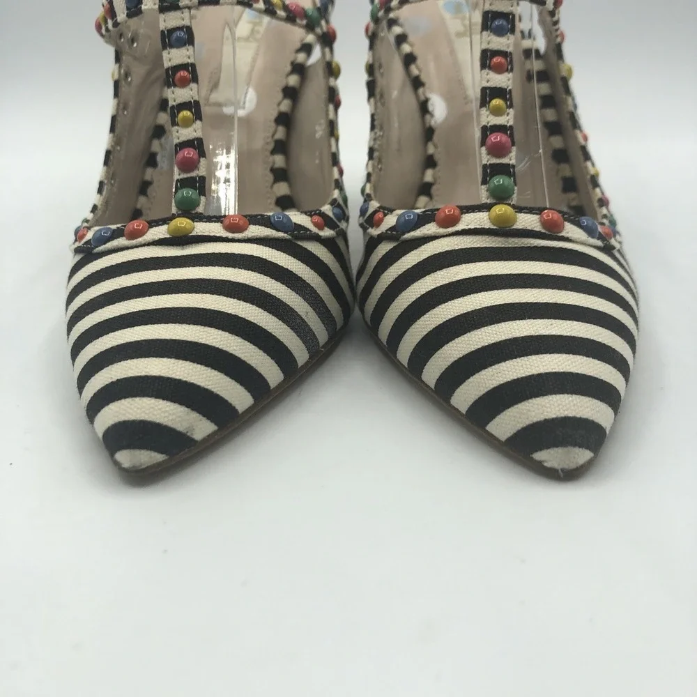 Boden Ashley Striped Courts heels Pumps Spain Studded Double T Bar Straps Sz 5.5